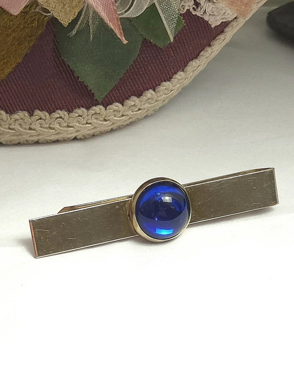 Vintage Gold Plated Cobalt Blue Glass Cabochon Tie Bar Clip or Money Clip